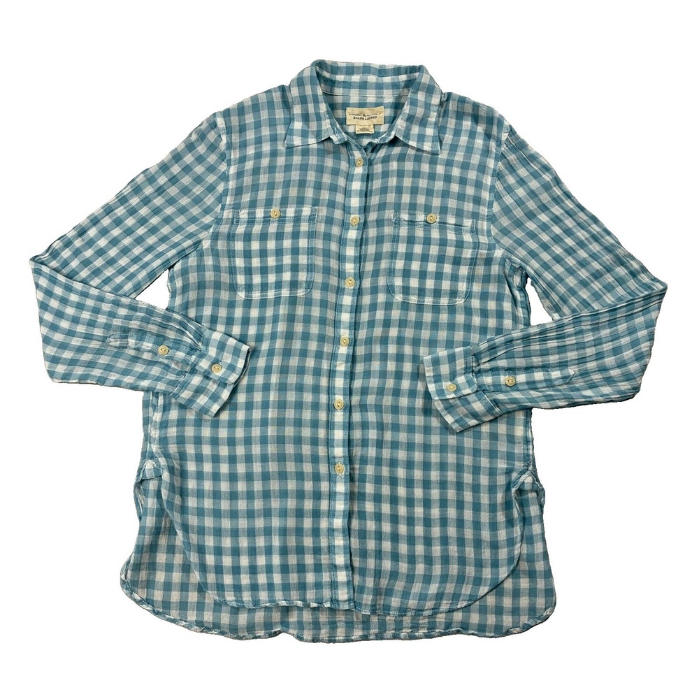 RL Denim & Supply Cotton Gauze Gingham Check Button Up Blue Women's M Coastal